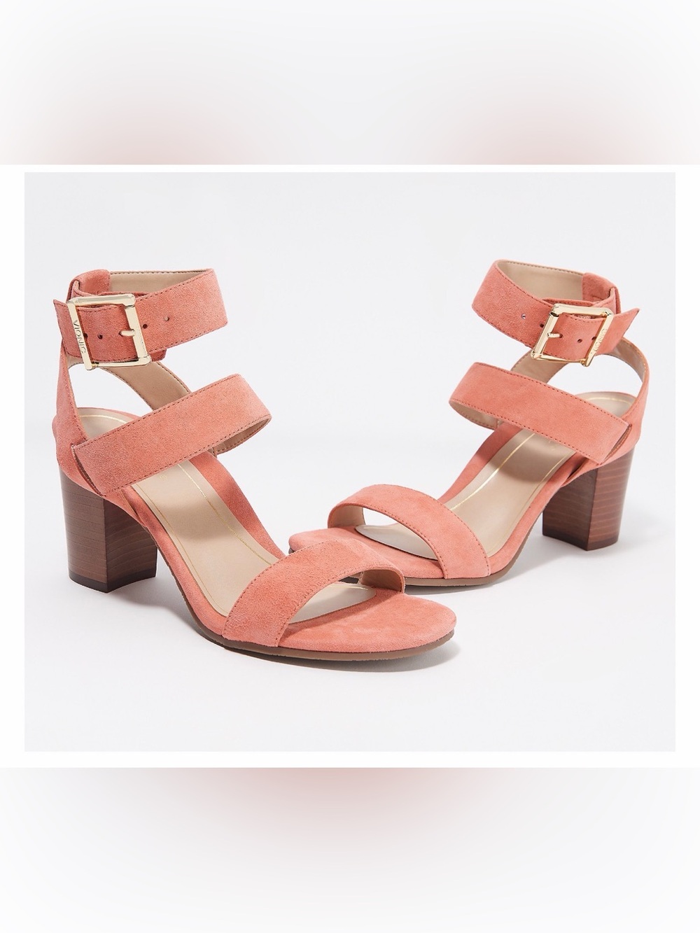 Vionic Sofia Sandals Size 8 Coral Pink Suede Leather 3” Block Heel NWOB